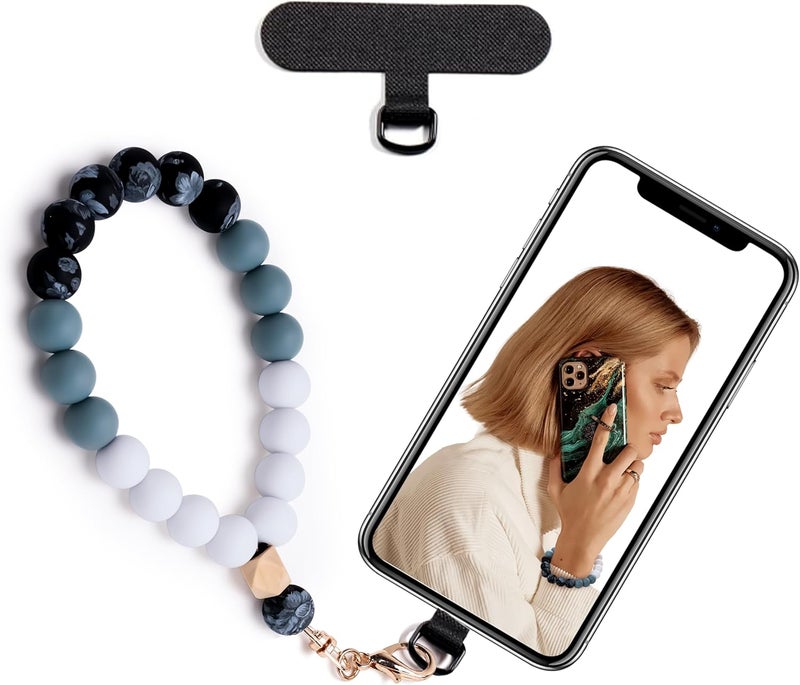 Lostars Store Silicone Beaded Phone Wrist Strap,phone bracelet strap with Tether Tab,Elastic Hands-Free wristlet strap (Black) - Image 1